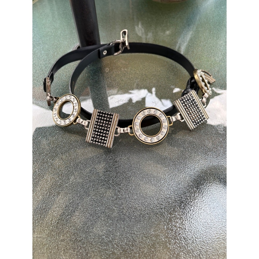Chicos Womens Mixed Metal Crystal Embellished Leather Statement Belt Black ML - Picture 1 of 10